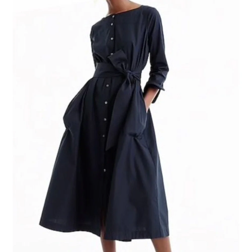 J CREW x Thomas Mason Shirt Dress Midi Womens 8 Blue G8673‎ Pockets
